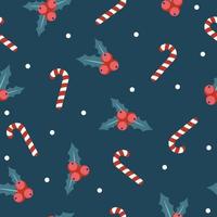 nahtloses flaches Design - Weihnachtssüßigkeiten und Stechpalmenpflanze auf dunkelblauem Hintergrund vektor