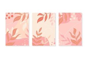 eine Reihe von Postkarten in rosa Pastellfarben. Herbst- oder Frühlingsblätter und Dekor vektor