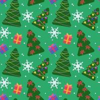 Vektor nahtlose bunte Weihnachtsmuster. Weihnachtsbäume, rote und blaue Geschenkboxen, rote Bänder, Schneeflocke auf grünem Hintergrund für Geschenkpapier, Tapeten, Postkarten, Textilien, Stoff.