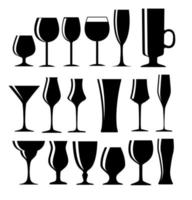 Satz schwarze alkoholische Glassilhouette-Vektorillustration