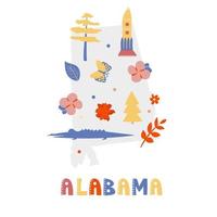 USA-Kartensammlung. Staatssymbole auf grauer Staatssilhouette - Alabama vektor