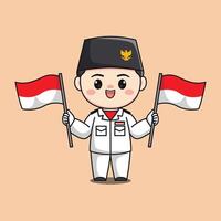 Indonesien Unabhängigkeit Tag Flagge Raiser männlich Charakter Chibi kawaii eben Karikatur Illustration vektor