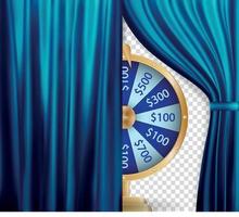naturlig färgbild av gardin, öppna gardiner blå färg tillsammans med färgglada roulettehjul. chans till seger. förmögenhet koncept. vektor illustration.
