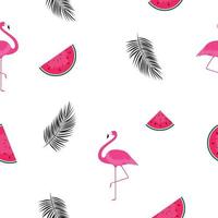 sömlös bakgrund med vattenmelon, flamingo och palmblad. vektor illustration