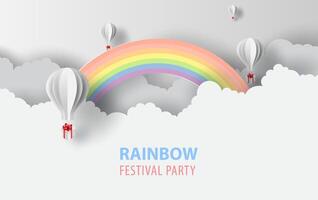 Weiß Luftballons Geschenk Box schwebend auf Himmel Hintergrund.Winter Jahreszeit Konzept.Regenbogen Festival Party Landschaft zum Karte und Poster.kreativ Grafik Papier Schnitt und Kunst Stil.minimalistisch Vektor. Illustration. vektor