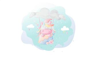 süß Einhorn Pferd fliegen ob Luftballons Wolke Aquarell Malerei.kreativ einfach Farbe Tierwelt Tier Hand gezeichnet style.cartoon Kind pastell.charakter Kinder Liebe Natur.Porträt schön Vektor Illustration