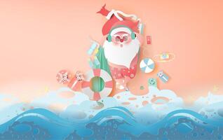 sommar santa claus jul dag juli koncept.leverans service söt tecknad serie karaktär för xmas design på hav Vinka vatten bakgrund.kreativ papper skära och hantverk style.web minimal vektor illustration