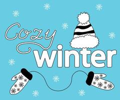 värma vantar, handskar bobla hatt, doodle, ett linje och text mysigt vinter- vektor