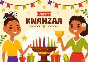 glücklich Kwanzaa Vektor Illustration mit Mazao, zawadi, mkeka, Kinara, Geschenke, Tasse, Kerzen im traditionell Urlaub afrikanisch Symbol eben Karikatur Hintergrund