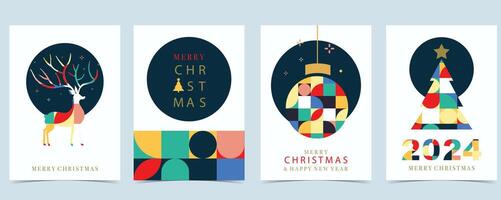 jul geometrisk bakgrund med boll, träd, ren. redigerbar vektor illustration för vykort,a4 storlek
