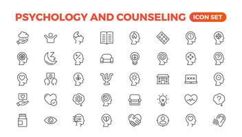 Psychologie und mental Linie Symbole Sammlung. groß ui Symbol einstellen im ein eben Design. dünn Gliederung Symbole pack.set von positiv Denken icon.be geliebt, gesund Lebensstil, Glück, positiv Denkweise. vektor