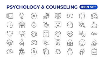 Psychologie und mental Linie Symbole Sammlung. groß ui Symbol einstellen im ein eben Design. dünn Gliederung Symbole pack.set von positiv Denken icon.be geliebt, gesund Lebensstil, Glück, positiv Denkweise. vektor