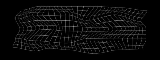 Weiß verzerrt Gitter auf schwarz Hintergrund. verzogen Gittergewebe Textur. Netz mit gekrümmt Wirkung. kariert Muster Verformung. gebogen Gitter Oberfläche. vektor