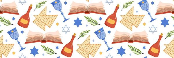 Lycklig påsk firande sömlös mönster. jewish Semester pesach bakgrund. traditionell ikon matzah, vin, torus, stjärna av david, elijahs kopp. för tapet, inbjudan. platt illustration. vektor