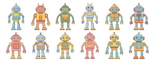 Sammlung von Karikatur Zeichen Roboter und Droiden. bezaubernd Kinder- Karikatur kawaii, süß komisch Roboter, Pastell- Farben. vektor
