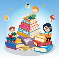 Welt Buch Tag Kinder Kind sitzen lesen auf Stapel Buch Wissen Phantasie Konzentrat Karikatur Illustration Design vektor
