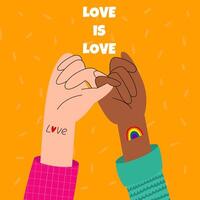 två kvinnors händer innehav varje Övrig. kärlek är kärlek.stolthet månad baner. HBTQ gemenskap. vektor