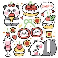 einstellen von süß Panda Bär verschiedene posiert im Kirsche Bäckerei Konzept.Chinesisch wild Tier Charakter Karikatur design.ice Sahne, Kuchen, Kekse, Torte, Herz, Obst gezeichnet Sammlung.kawaii.illustration vektor