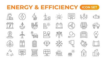 uppsättning av energi och ekologi linje ikoner uppsättning. översikt med redigerbar stroke samling. inkluderar eco Hem, kärn energi, kraft växt, sol- energi.enkel uppsättning handla om energi effektivitet och sparande. vektor