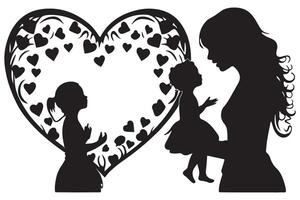 Mama und Kind Liebe im das Stil von Silhouette Weiß Hintergrundmutter und Tochter Silhouette im das Herz Form, Silhouette von ein Mädchen mit Herz vektor