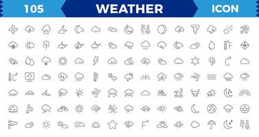 väder ikoner. väder prognos ikon uppsättning. moln logotyp. väder , moln, solig dag, måne, snöflingor, sol, regn, åska storm, dagg, vind, Sol dag. illustration vektor