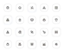 Kinder Artikel und Baby Spielzeuge Linie Symbole Satz. Junge, Mädchen, Kinderwagen, Würfel, Flasche, Windeln, Kleidung. Gliederung Piktogramme zum Netz und ui, ux Handy, Mobiltelefon App Design. editierbar Schlaganfall. 24 x 24 Pixel perfekt. vektor