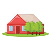 söt röd Land hus med träd, sommar stuga byggnad på grön fält modern tecknad serie vektor illustration, isolerat på vit.