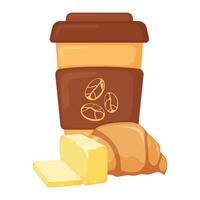 Französisch Croissant mit Kaffee Tasse, Frühstück Butter Bäckerei Produkt Symbol, Konzept Karikatur organisch Getränk Essen Vektor Illustration, isoliert auf Weiß.