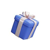 realistisch Blau Geschenk Box mit Orange Band Bogen isoliert auf ein Weiß Hintergrund. 3d machen schwebend modern Urlaub Überraschung Kasten. Ton, Plastik Vektor Symbol zum gegenwärtig, Geburtstag oder Jahrestag Banner