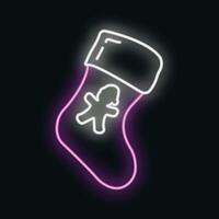 Konzept Weihnachten Socke mit Schneemann Symbol Neon- glühen Stil, glücklich Neu Jahr und fröhlich Weihnachten eben Vektor Illustration, isoliert auf schwarz.