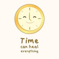 Gold Uhr Karikatur ist lächelnd mit Zeit können heilen alles Wort zum zitieren, Element vektor