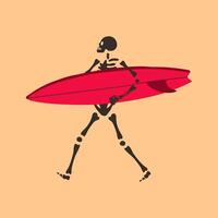 komisch Skelett mit Surfbrett. süß Charakter Skelett Knochen vektor