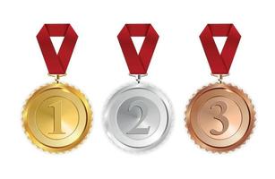 Champion Gold-, Silber- und Bronzemedaille mit rotem Bandsymbol Zeichen erster, zweiter und dritter Platz Sammlungssatz isoliert auf weißem Hintergrund. Vektor-Illustration