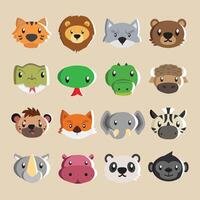 Illustration von ein Sammlung von verschiedene 16 süß wild Tier Köpfe zum Aufkleber vektor
