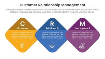 crm kund relation förvaltning infographic 3 punkt skede mall med runda diamant på horisontell riktning för glida presentation vektor