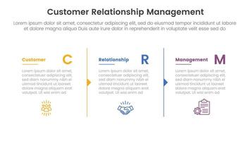 crm kund relation förvaltning infographic 3 punkt skede mall med kolumn separation med pil översikt för glida presentation vektor