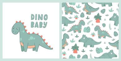 dinosaurie affisch, skriva ut och sömlös mönster design för barnkammare rum dekor, tapet, textil, kläder, omslag papper, etc. eps 10 vektor