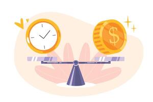 Zeit ist Geld Balance auf Rahmen Symbol. Konzept von Zeit Management, Wirtschaft und Investition. Vergleich Arbeit und Wert, finanziell profitieren. eben Illustration von Münzen, Kasse und Uhr auf Wippe. vektor