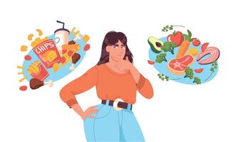 fett kvinna välja mellan Bra friska och dålig ohälsosam mat. skräp mat mot balanserad meny näring jämförelse begrepp. kvinna platt karaktär tänkande handla om diet, extra kalorier eller vikt förlust. vektor