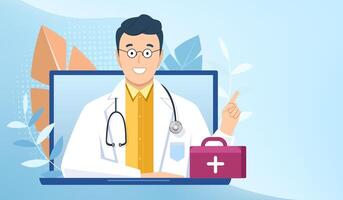 uppkopplad läkare samråd över de internet, enskild virtuell besök med styrelsecertifierad läkare. medicinsk diagnostik, behandla sjukdomar över webb Ansökan på dator. sjukvård begrepp. vektor