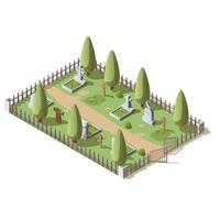 3d Illustration von Friedhof mit hölzern Kreuze und Granit Grabsteine, isoliert auf Weiß Hintergrund. isometrisch Reihen von Grabsteine im Friedhof. alt Beerdigung Platz von das tot, ewig Frieden. vektor