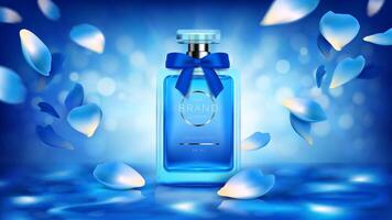 elegant Glas Flasche zum Frauen Parfums mit Blau Seide Band auf das Deckel und Blume Blütenblätter realistisch . klassisch Verpackung zum Düfte und Innere Parfums isoliert auf defokussiert Hintergrund vektor