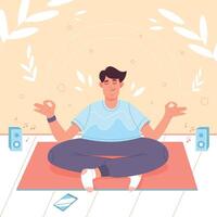 Ruhe Mann mit gekreuzt Beine im Lotus Position tun Yoga Meditation, Achtsamkeit üben, spirituell Disziplin. eben glücklich Person üben Übung, Sitzung beim Zuhause auf Fitness Matte im Asana Haltung. vektor