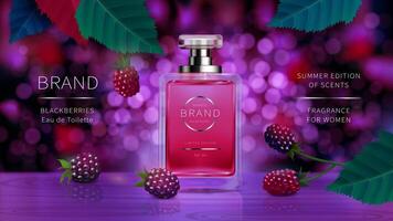 elegant Glas Flasche zum Frauen Parfums mit Deckel und wild Beeren, violett Brombeere realistisch . klassisch Verpackung zum Düfte und Innere Parfums isoliert auf defokussiert Hintergrund vektor