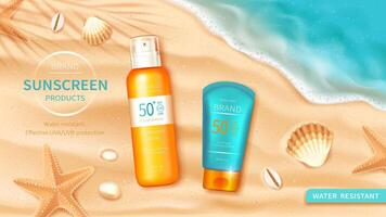 Solskydd kosmetika på hav bakgrund med sandig strand, skal och sjöstjärna, turkos hav surfa eller vatten Vinka, realistisk . kosmetisk spray med spf skydd på tropisk bakgrund vektor