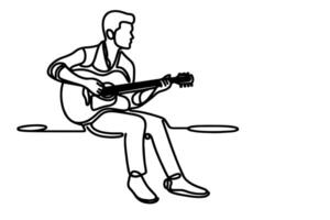 einer kontinuierlich Linie Zeichnung von Mann spielen das Gitarre Gliederung Gekritzel auf Weiß Hintergrund vektor