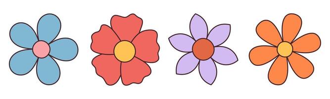 Sammlung von Frühling bunt Blume. einstellen modisch groovig Wildblume 70er Jahre Jahrgang Stil isoliert auf Weiß. Hand gezeichnet blühen Gekritzel Illustration. hell bunt Blumen. retro Blumen- Design. vektor