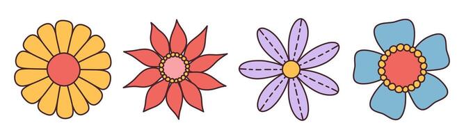 samling av vår färgrik blomma. uppsättning trendig häftig vild blomma 70s årgång stil isolerat på vit. hand dragen blomma klotter illustration. ljus färgrik blommor. retro blommig design. vektor