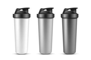 protein shaker, kopp för sporter näring, Gainer eller vassle skaka dryck. plast sport flaska, mixer för Gym kondition eller bodybuilding isolerat på vit bakgrund. realistisk 3d attrapp vektor