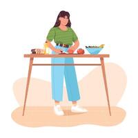 Frau vorbereiten gesund Essen, Schneiden frisch Gemüse. hausgemacht Mahlzeiten auf Küche Tabelle beim heim. Mädchen Kochen Gemüse Salat, Schneiden Tomaten. Vegetarier Küche. eben Karikatur Illustration. vektor